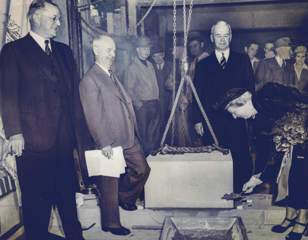 Neal Becker, Dean Howard Meek, Cornell President Edmund Day, and Alice Statler at the cornerstone laying of Statler Hall in 1949