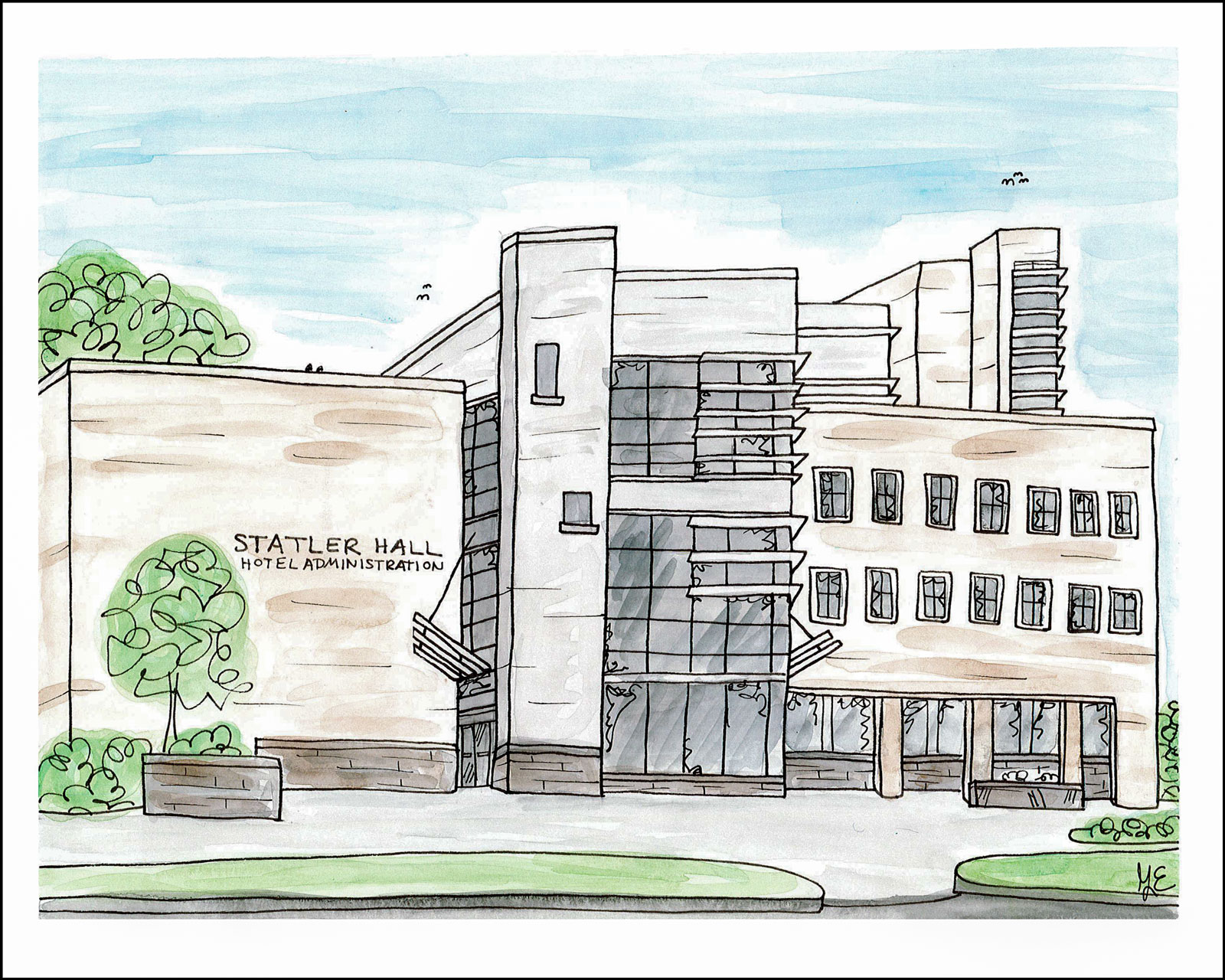 A drawing of Statler Hall