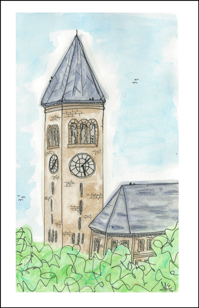 A drawing of the Cornell clock tower