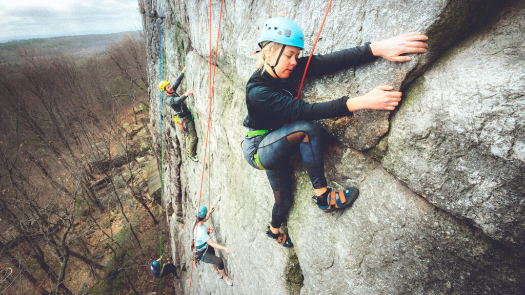 COE students participate in an outdoor top roping rock-climbing class in 2019