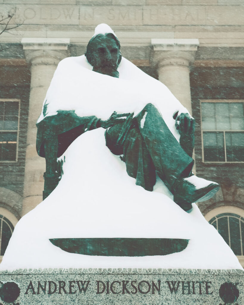 A.D. White statue partially covered in snow