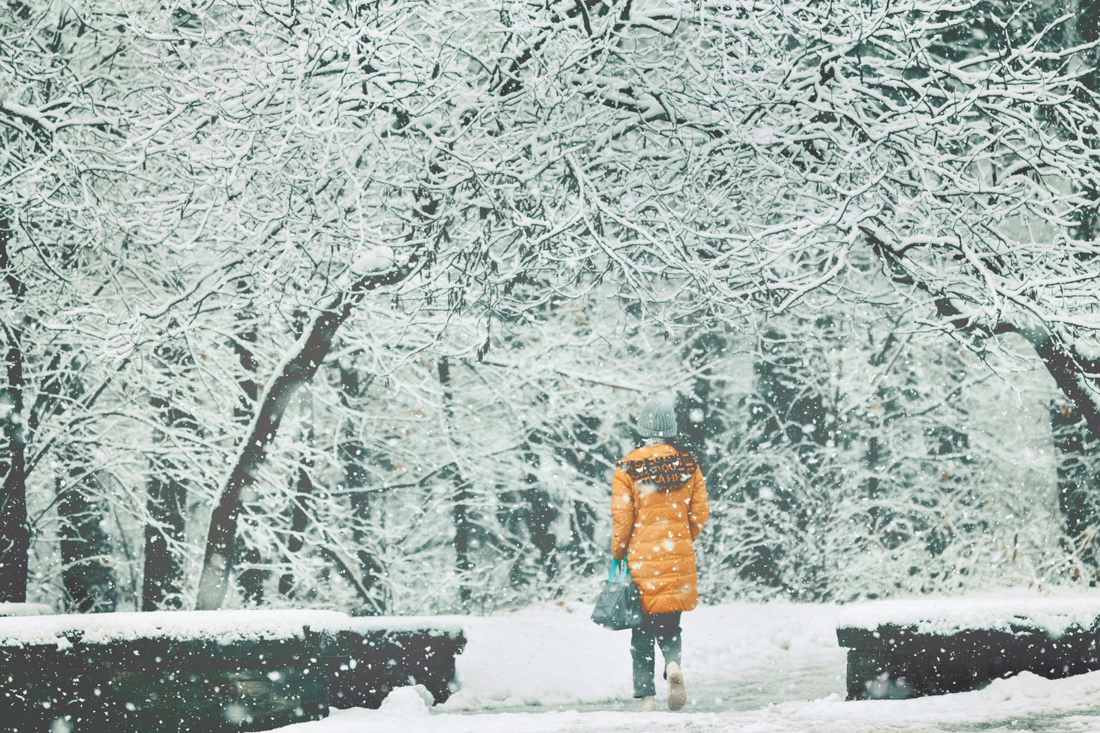 A student heads from Collegetown toward the Engineering Quad in a snowstorm