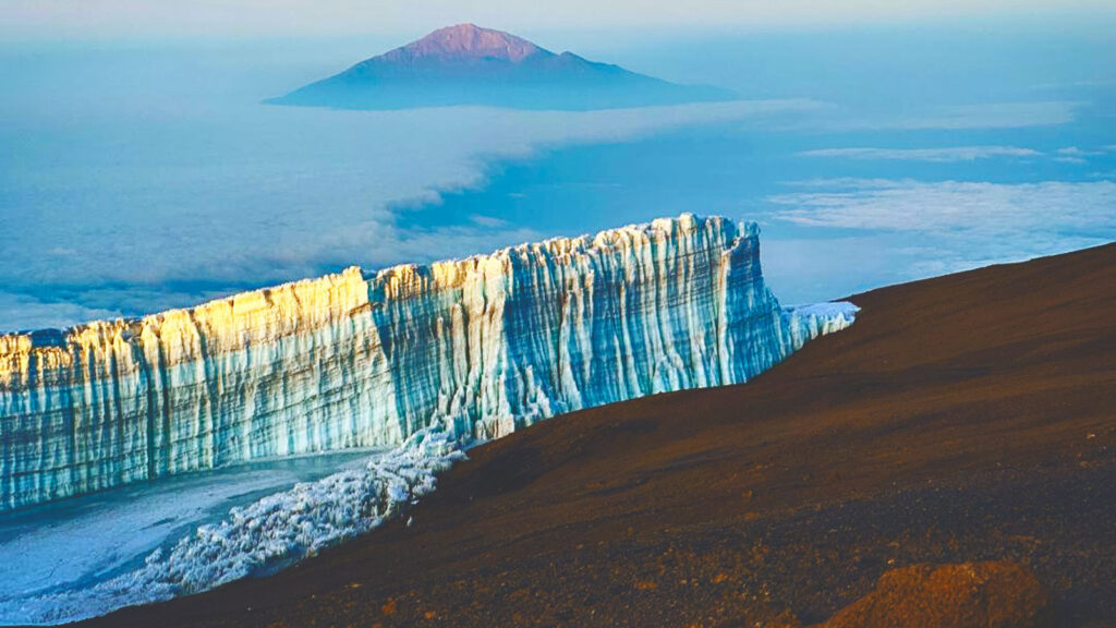 A glacier with Mt. Kilimanjaro in the background