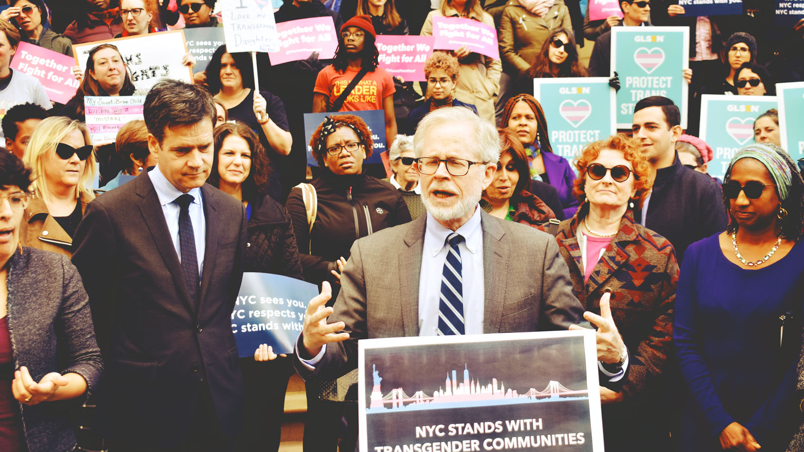 Assemblyman Richard Gottfried speaking at a rally for transgender rights