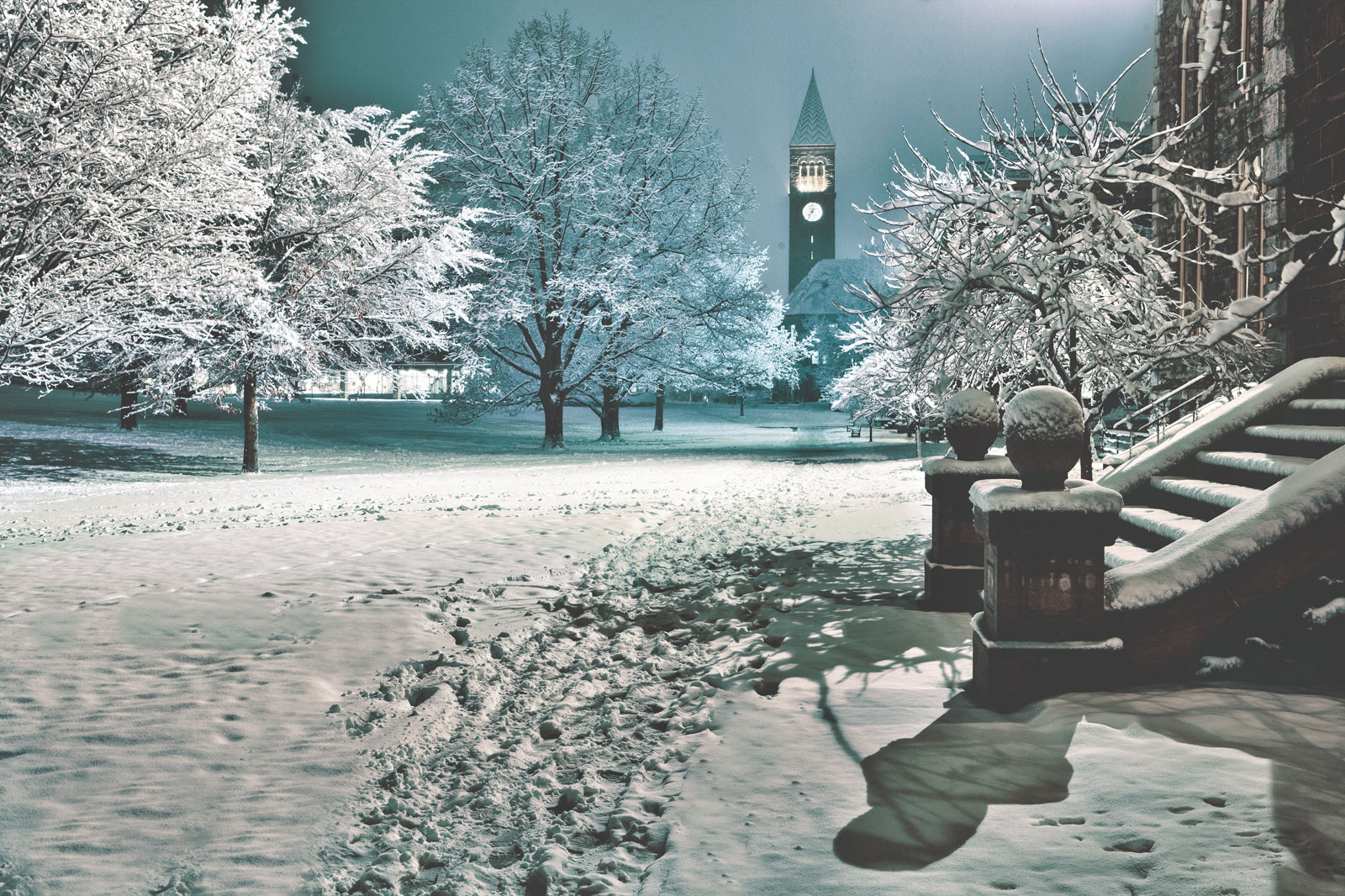Night view of McGraw Tower and a snow-covered Arts Quad