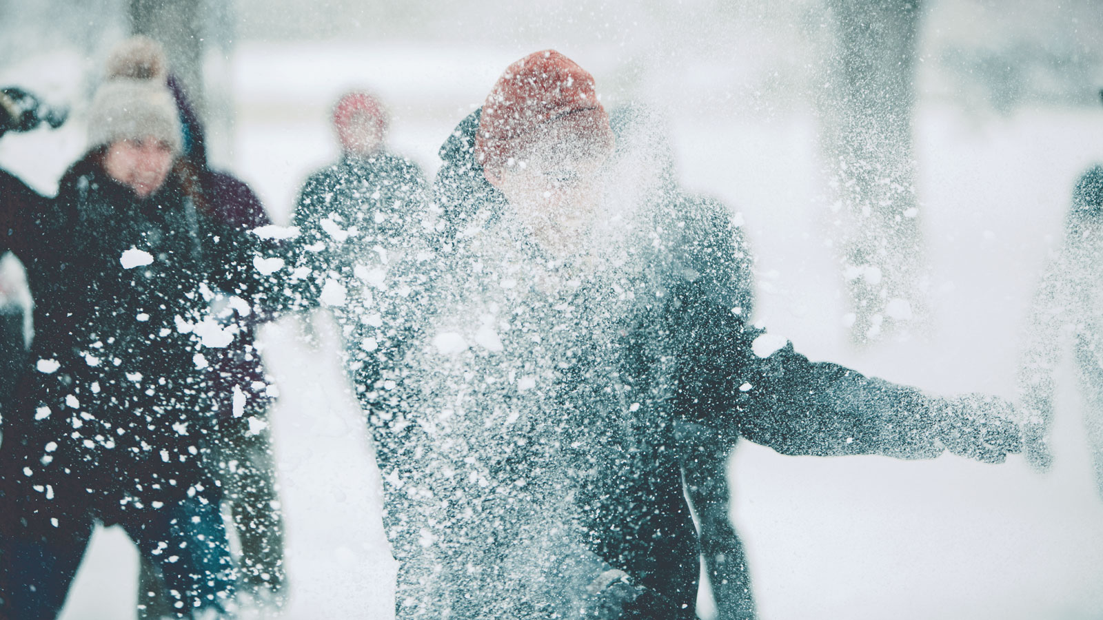 Students enjoy a snowball fight on the Arts Quad in 2017