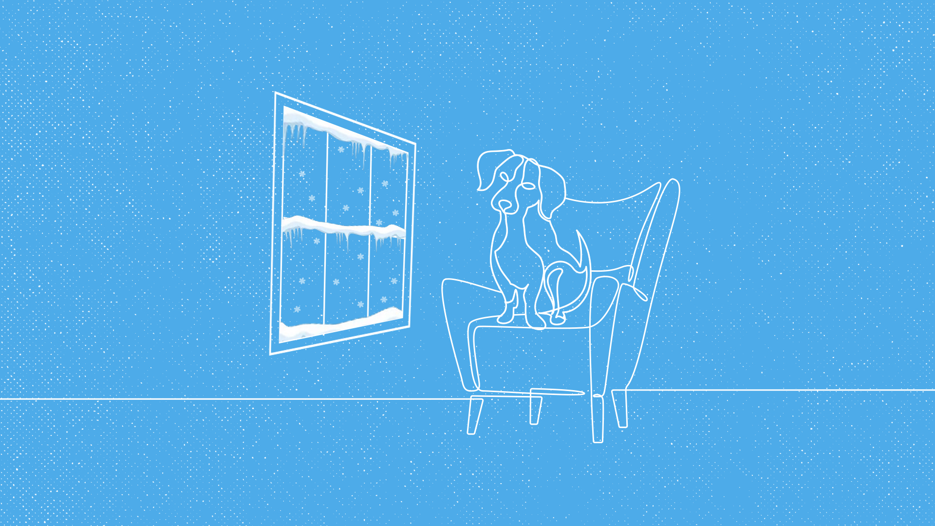 A line drawing of a dog in a chair next to a snowy window
