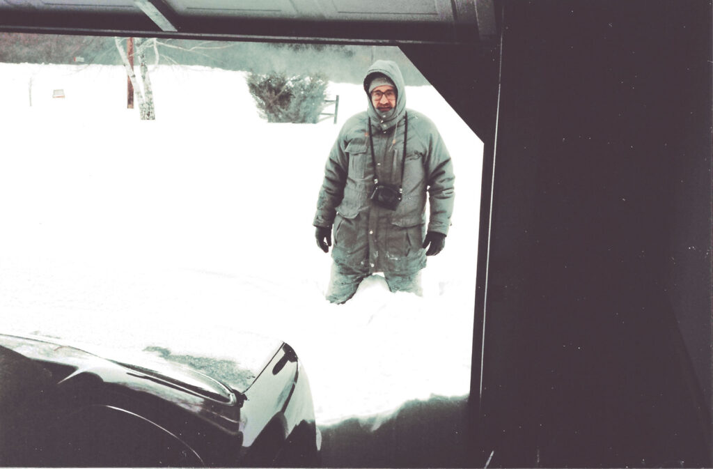 Mark Wysocki, MS ’89, prepares to dig out of his Ithaca driveway following the Blizzard of 1993