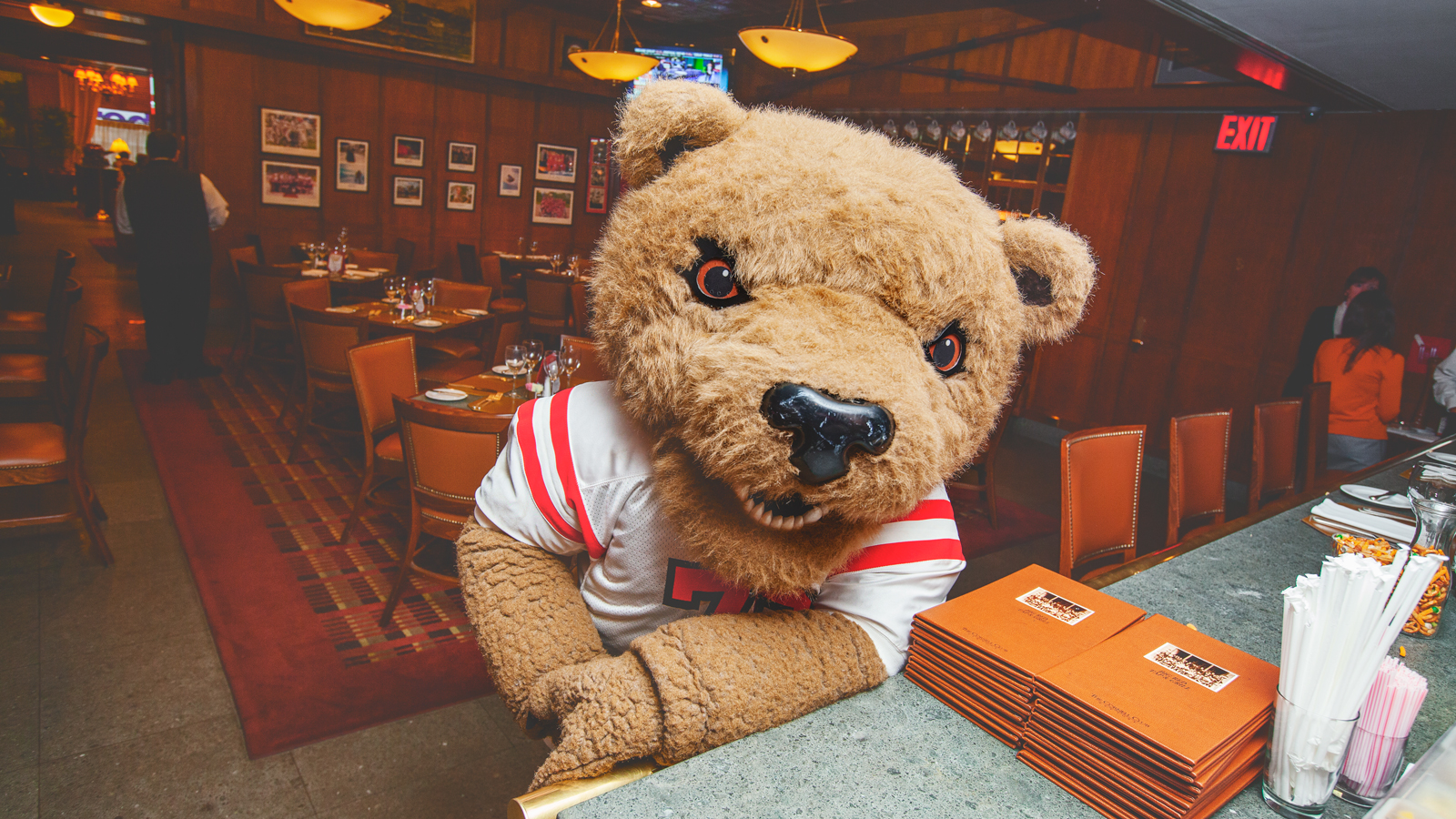 Touchdown bellies up to the bar at the Big Red Tap & Grill on the Cornell Club’s main floor