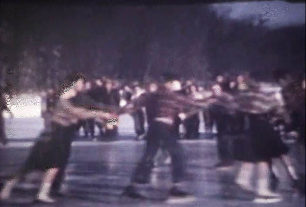 Color movie footage of skaters on Beebe Lake, 1949–50