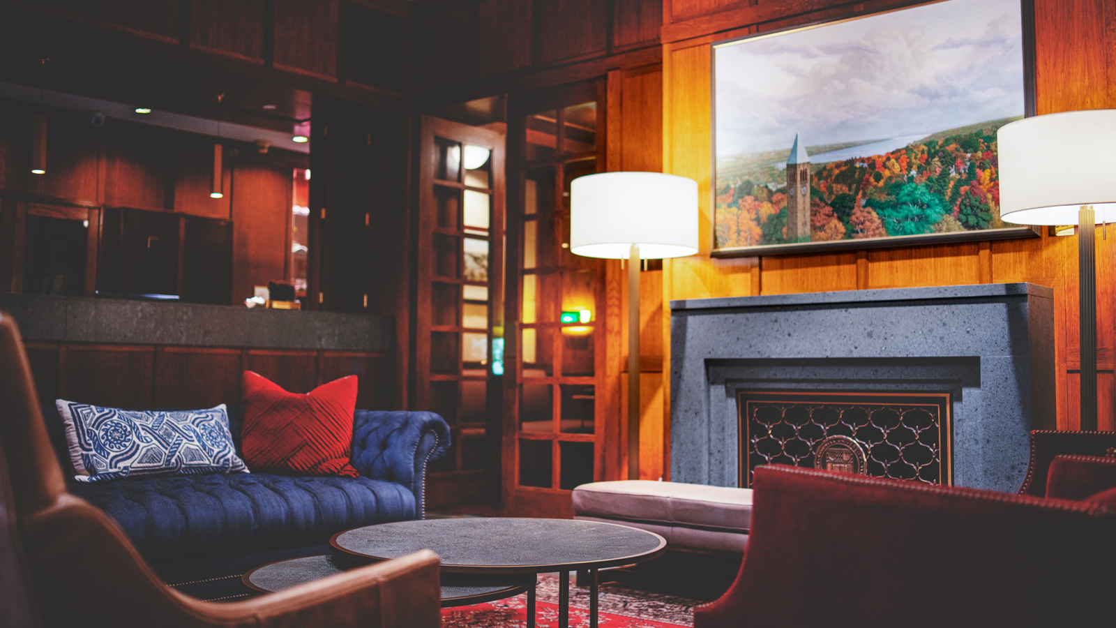 Colorful glimpses of the Ithaca campus appear throughout the Cornell Club, especially in the lobby