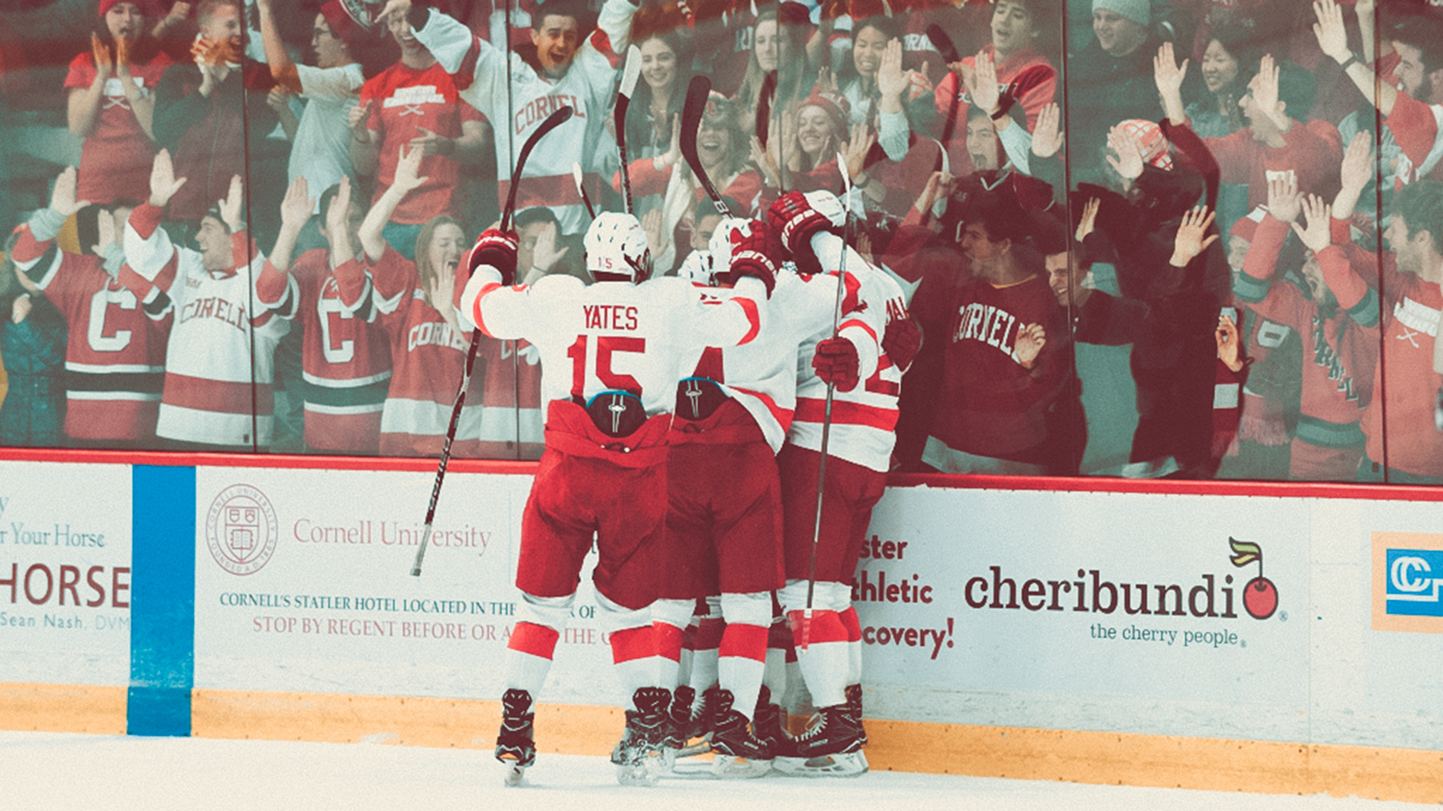 Cornell men's ice hockey players embrace each other at the end of a game as fans cheer on nearby.