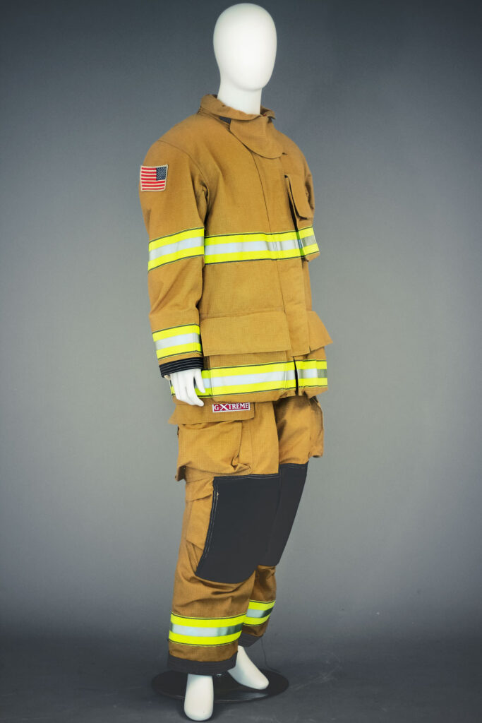 A brown firefighter uniform with yellow reflective stripes.