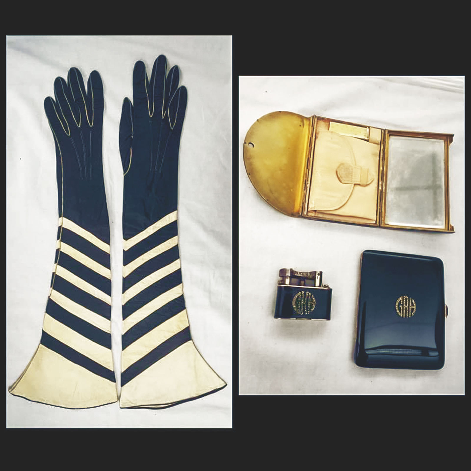 Black-and-white leather gloves, gold cigarette case, black metal cigarette lighter, and black makeup case.