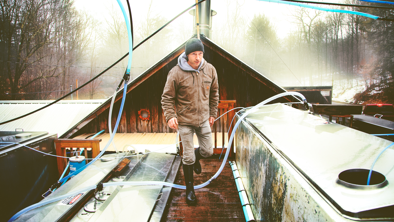 A man standing on the roof of a sugar house among a set of tubes transporting sap from maple trees.