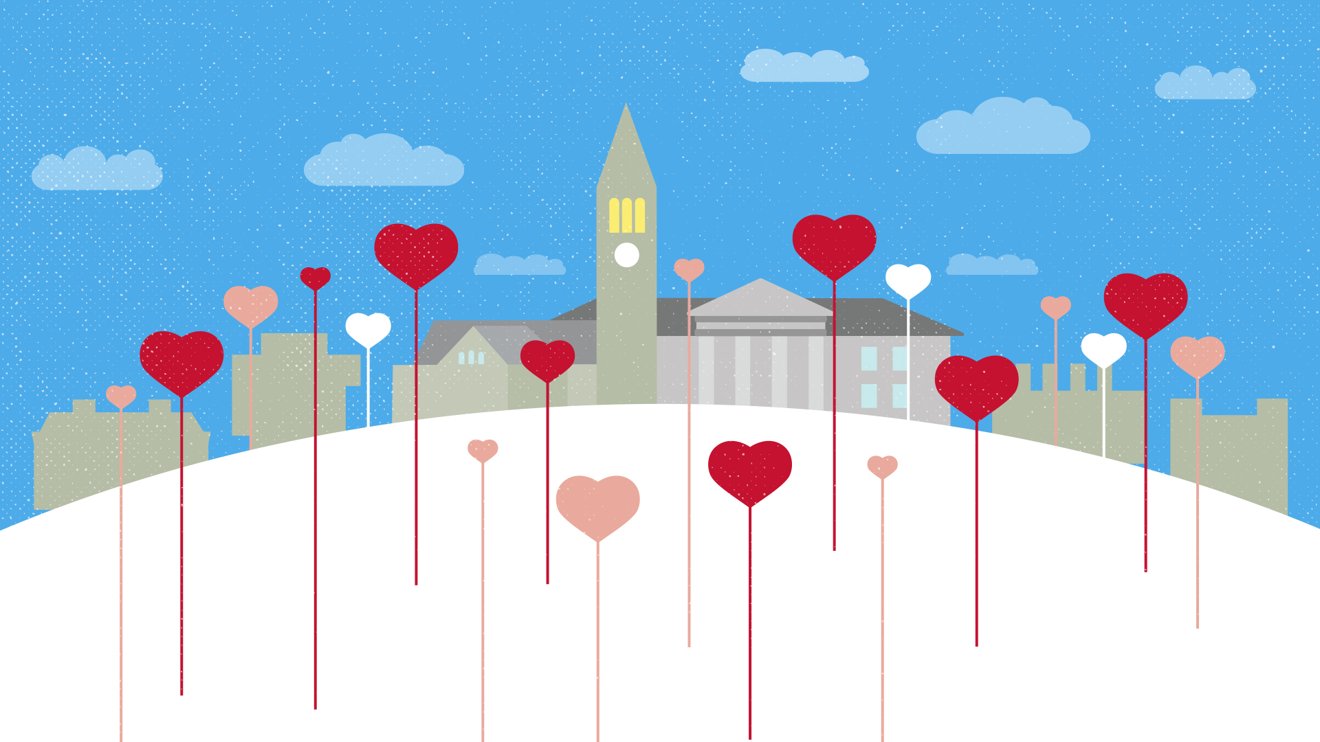 A graphic illustration of hearts across a hilltop at Cornell University.
