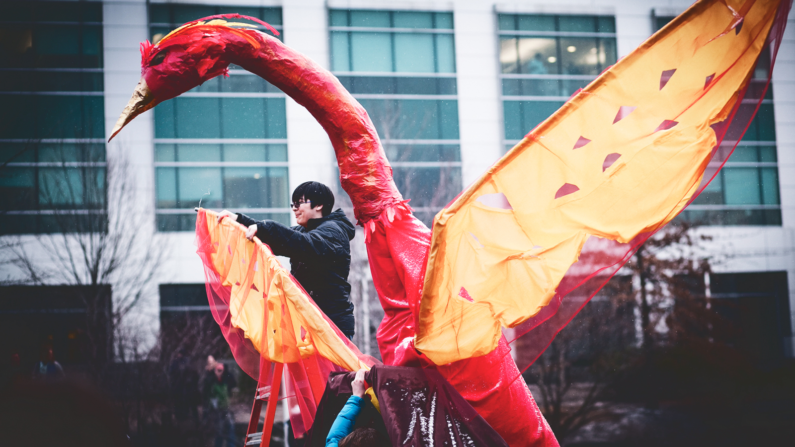 The phoenix confronts the dragon from the Engineering Quad in 2013.