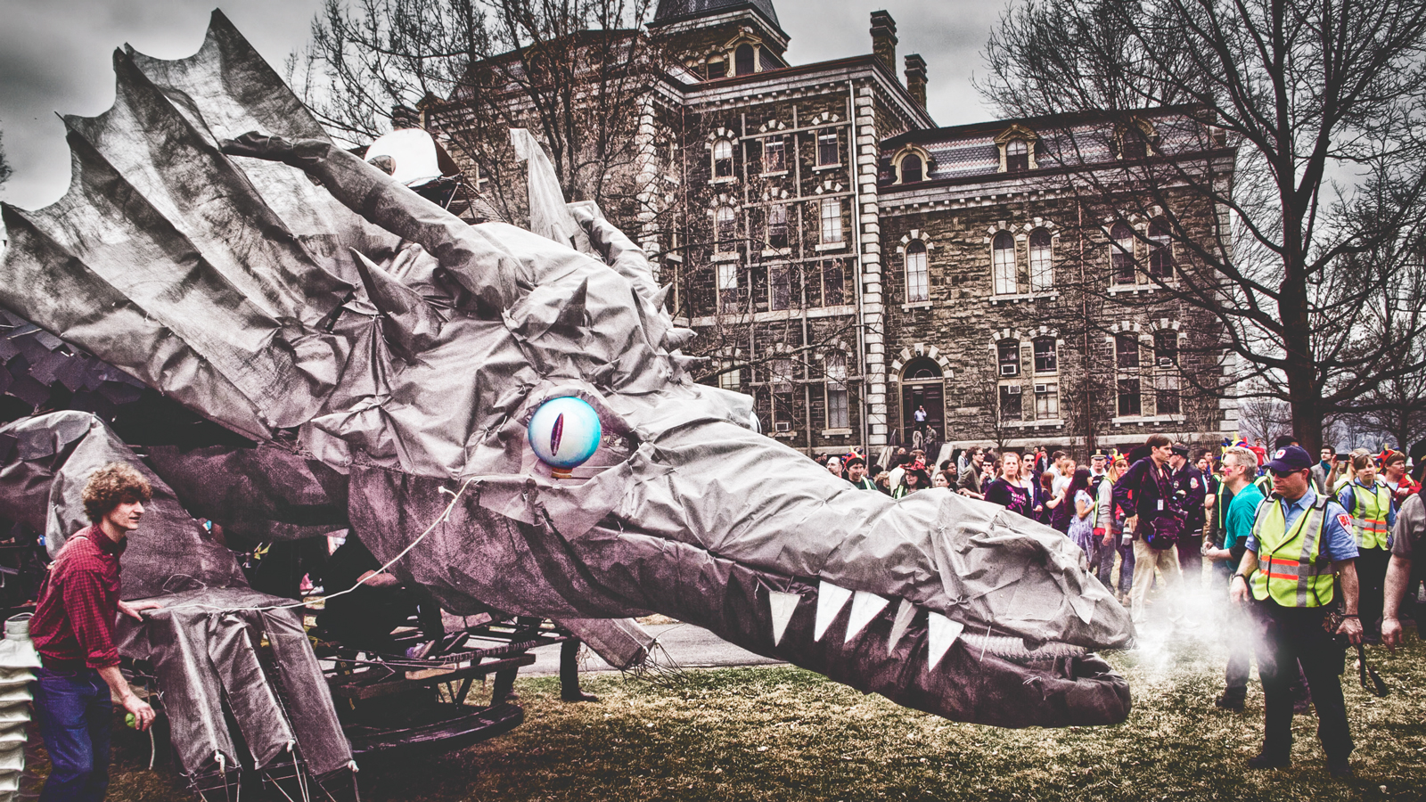 The 2012 dragon blows a puff of smoke on the Arts Quad
