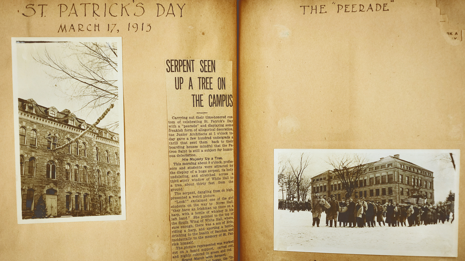 student scrapbook from 1913 include photos and news clipping from St. Patrick's Day events