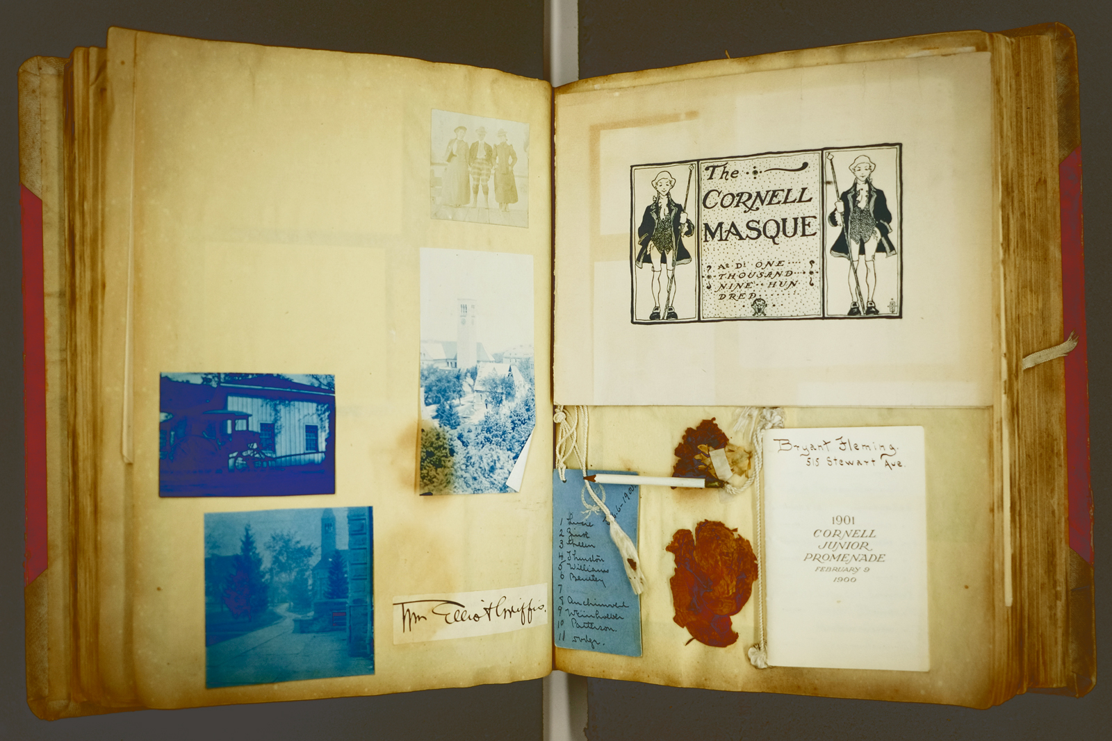 Photos, flowers, a dance card, and a Cornell Masque program decorate this 1901 spread