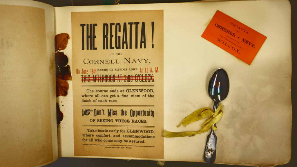 An ad for a Cornell Navy regatta, and a preserved spoon and ribbon, from an 1889 scrapbook