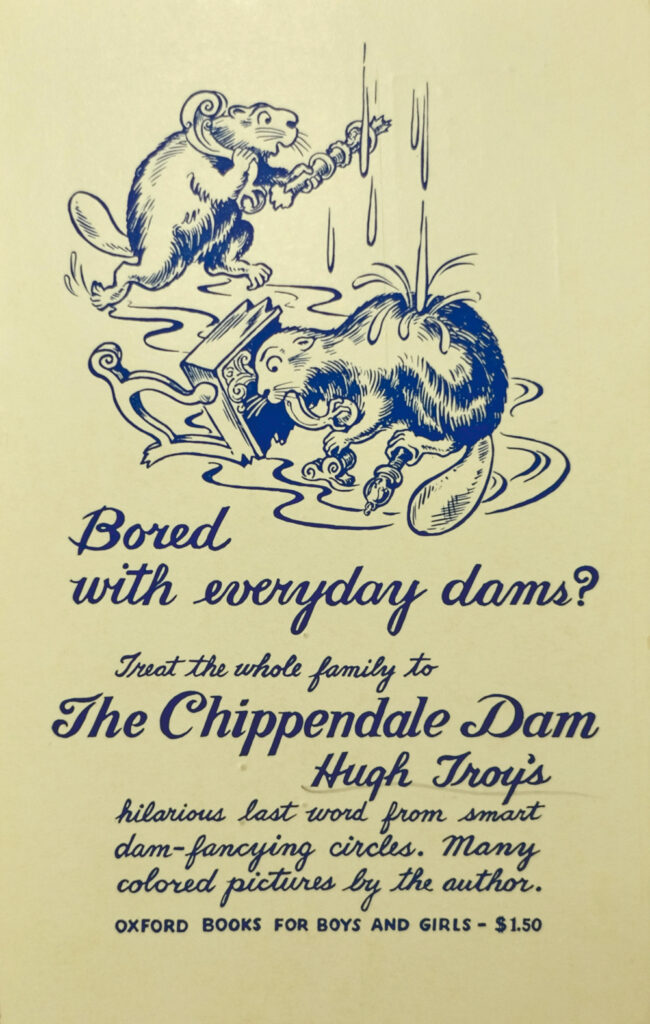 1941 postcard, illustrated by Hugh Troy, to advertise the release of his book “The Chippendale Dam”