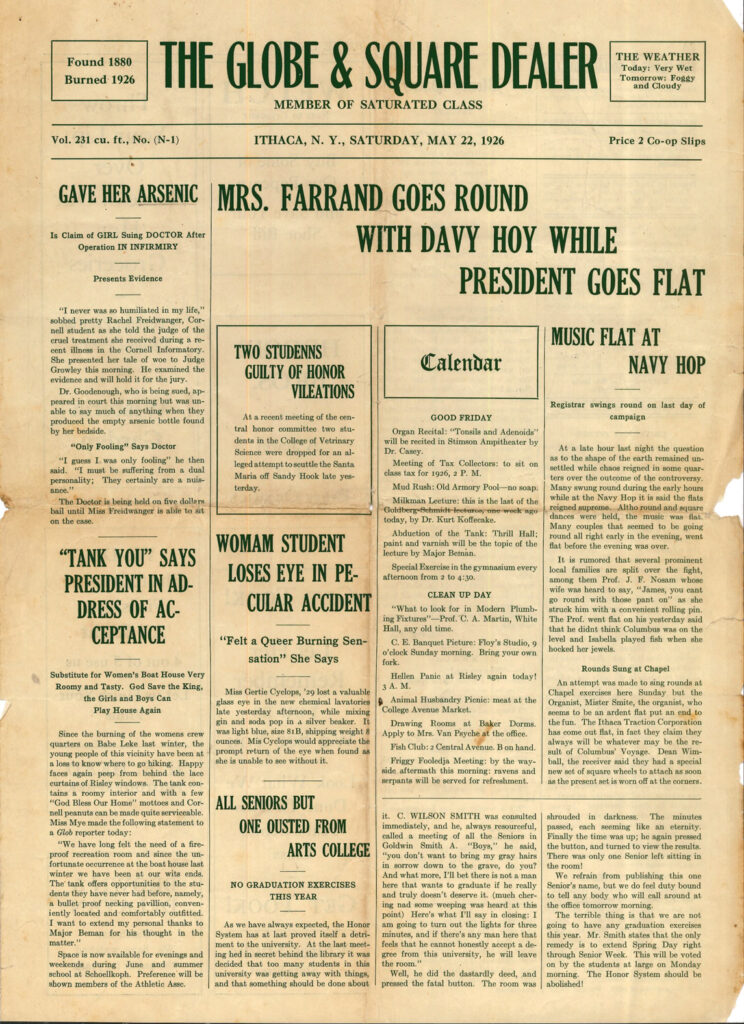 Front page of the 1926 satirical newspaper that got Troy and several classmates in trouble