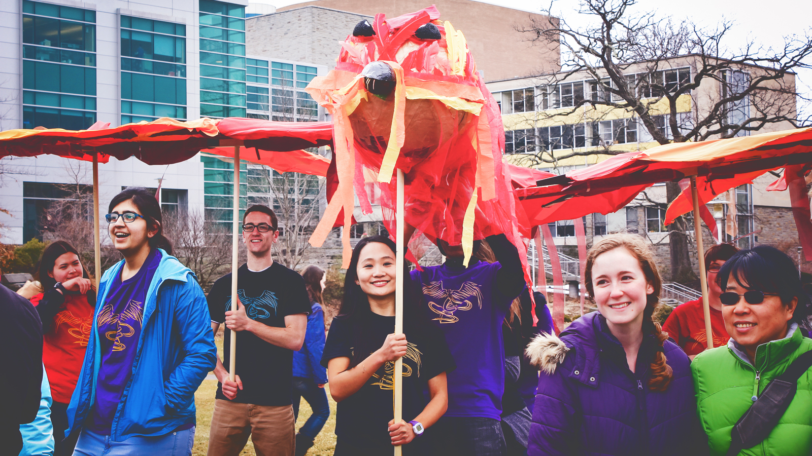 The phoenix and its supporters on the Engineering Quad in 2015