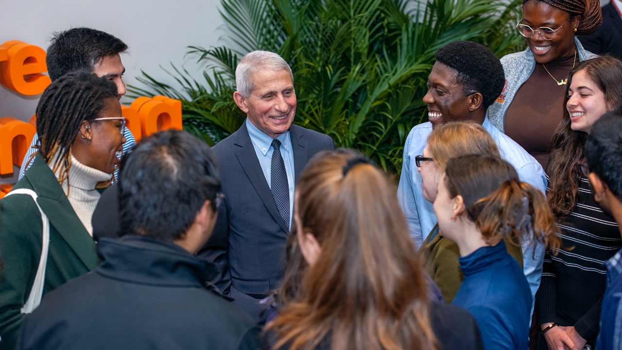 Dr. Fauci speaking with a group of Weill Cornell Medicine students