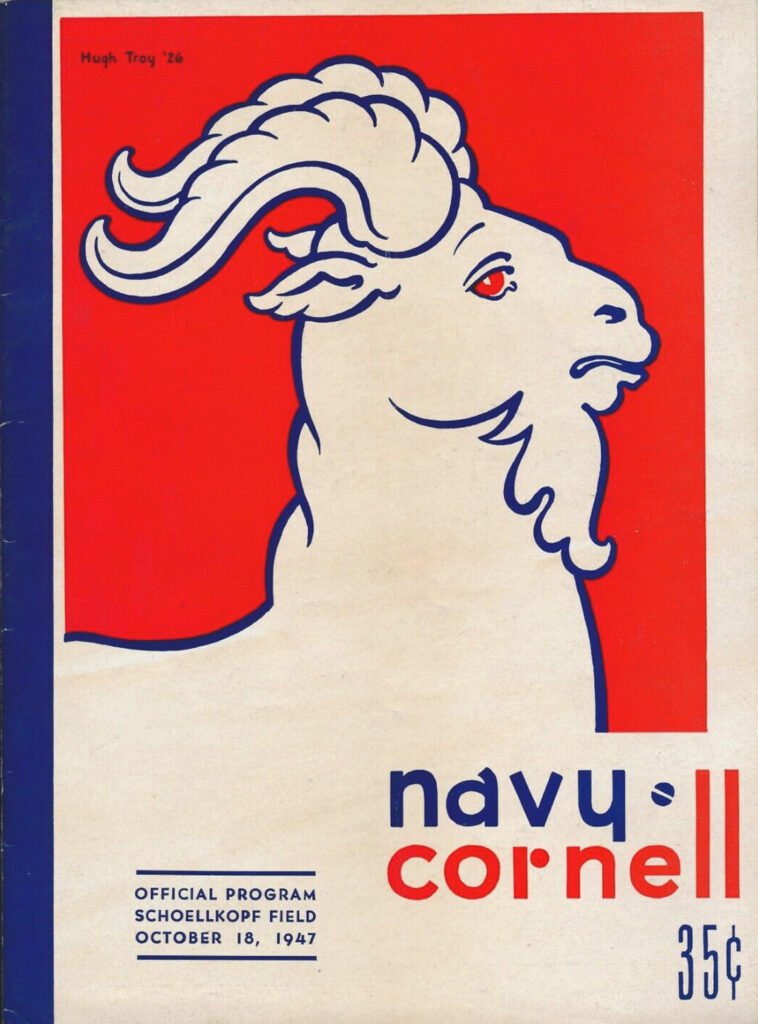 A Hugh Troy-illustrated cover of the program to an October 1947 Cornell vs. Navy football game