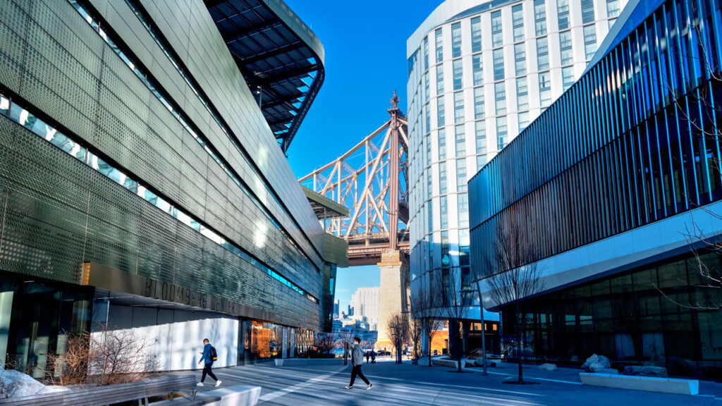 Students walk between buildings on the Cornell Tech Campus in New York City on Wednesday, February 9, 2022.