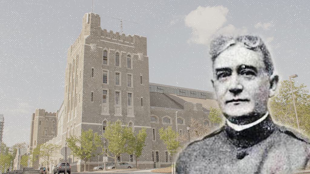 A photographic illustration of Colonel Frank Barton, with Barton Hall at Cornell University behind him.