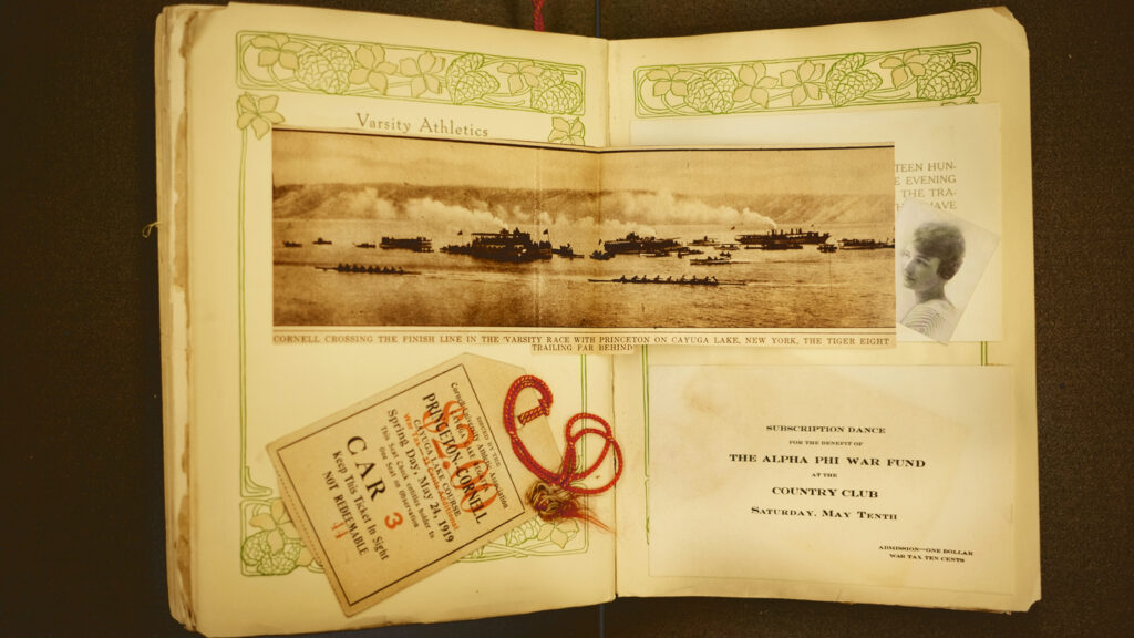 A student scrapbook from 1919 preserves a victorious moment for the Cornell crew—as well as the observation ticket stub from the event