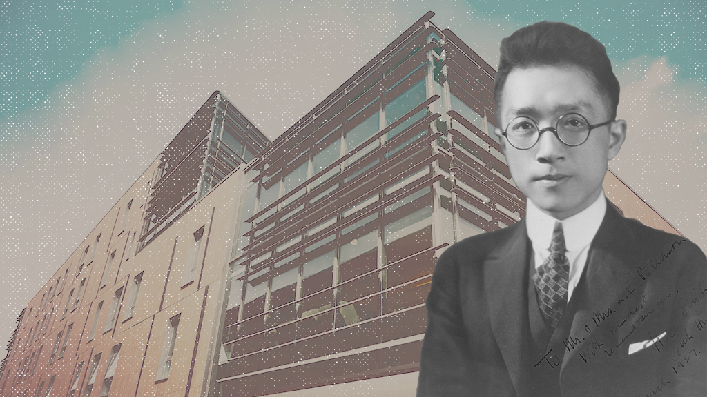 A photographic illustration of Hu Shih in front of Hu Shih Hall at Cornell University.