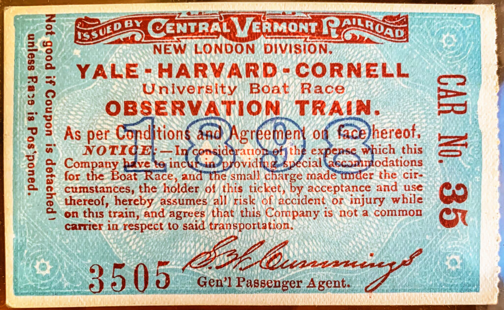 An observation train ticket from an 1898 Yale-Harvard-Cornell regatta is one of many in the collection of Joe Kirschner ’93