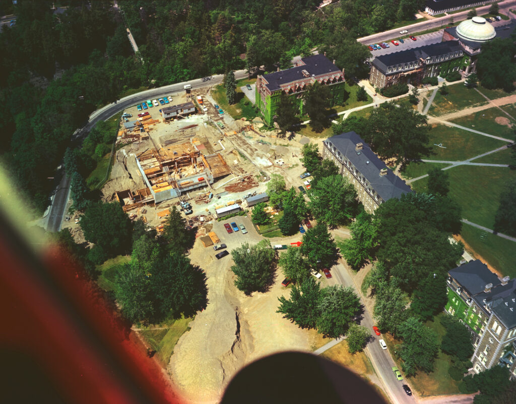 An aerial shot of a college campus construction site.