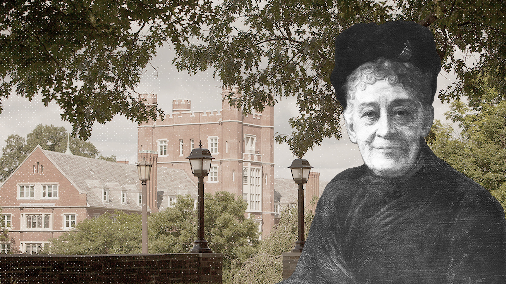 A photographic illustration of Prudence Risley in front of Risley Hall at Cornell University.