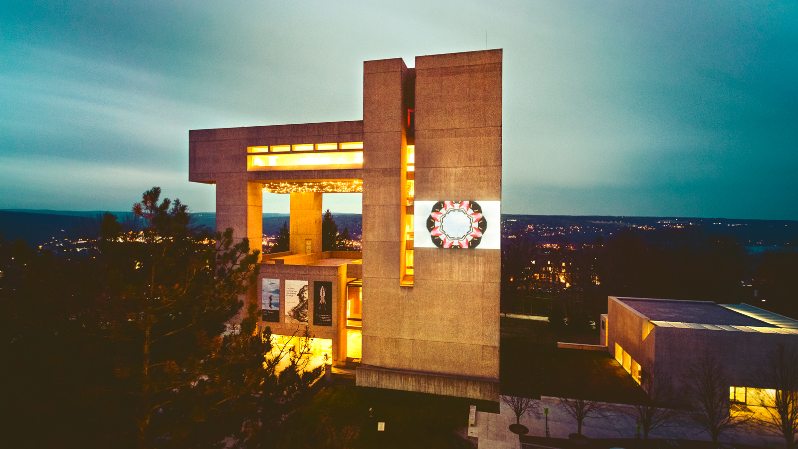 A shot of the Johnson Museum at Cornell University at night.
