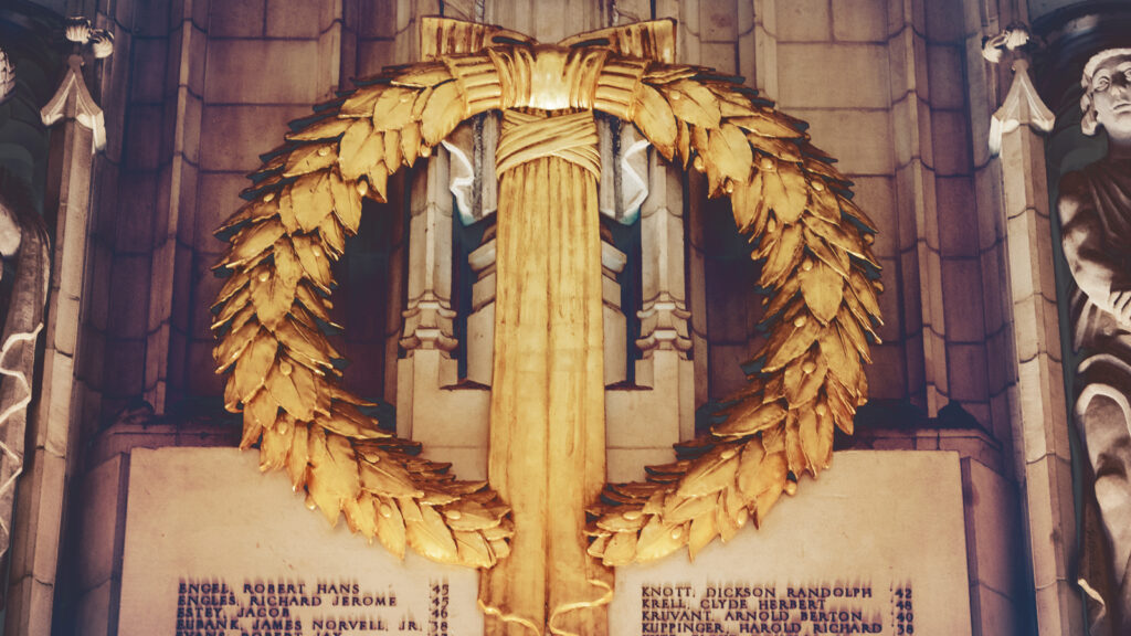 Detail of the top of the World War II memorial in Anabel Taylor Hall