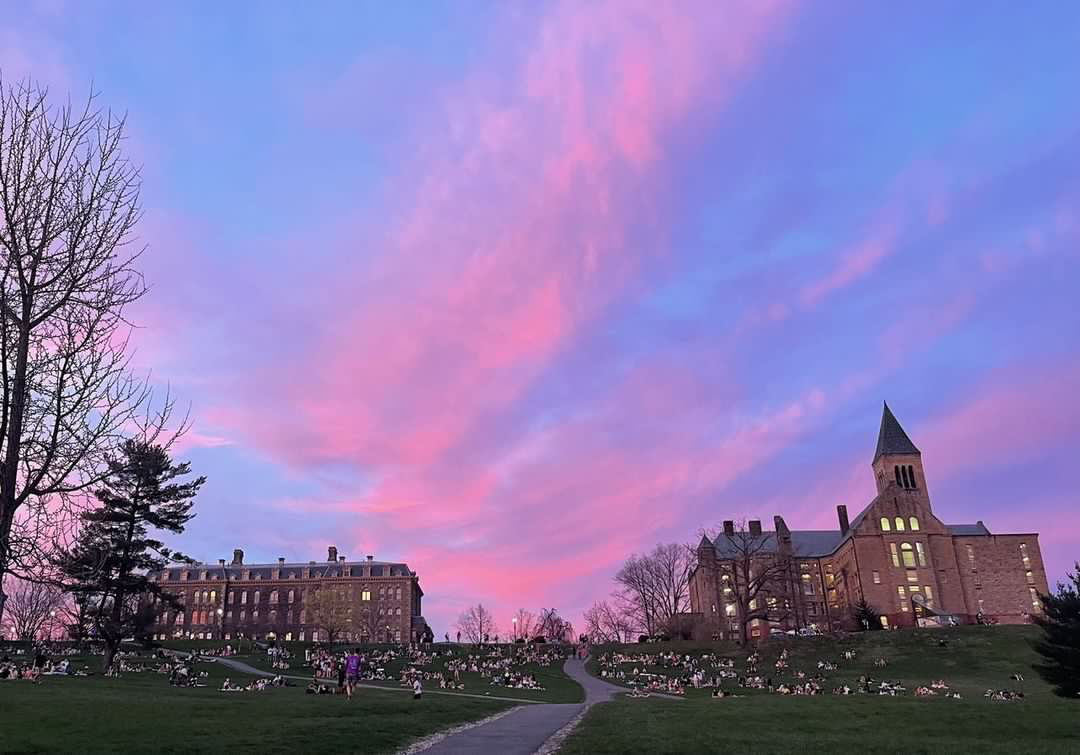 Dozens of Cornell University students sit on Libe Slope underneath a pink-and-blue sunset.