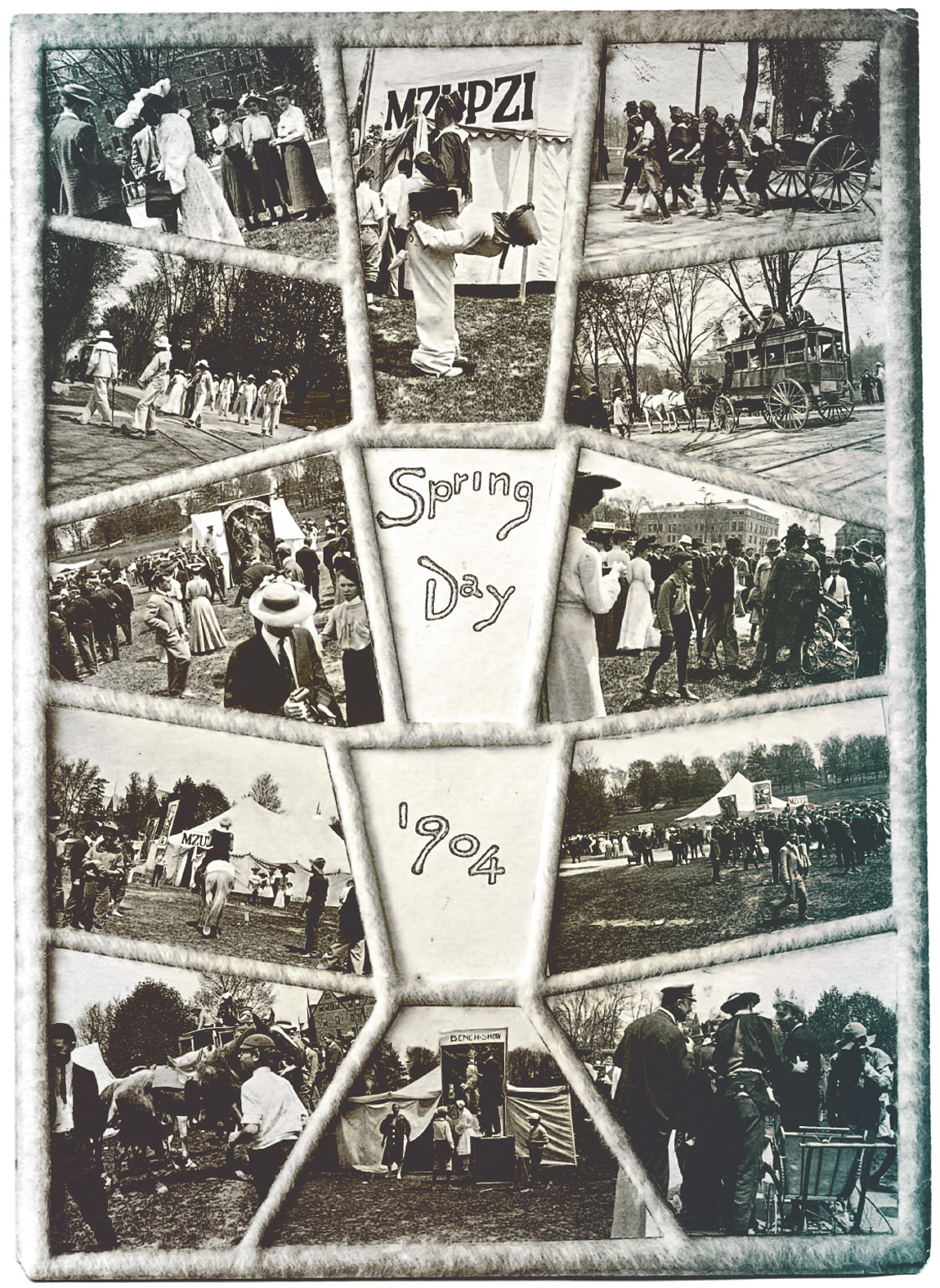 A framed photo collage of 1904 Spring Day images