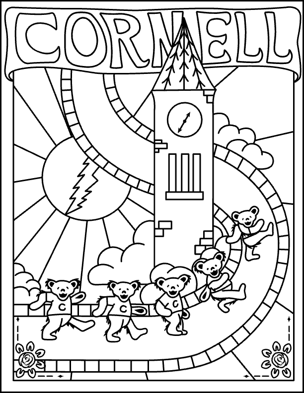 A blank coloring page depicting the Cornell clocktown with five "Grateful Dead bears"
