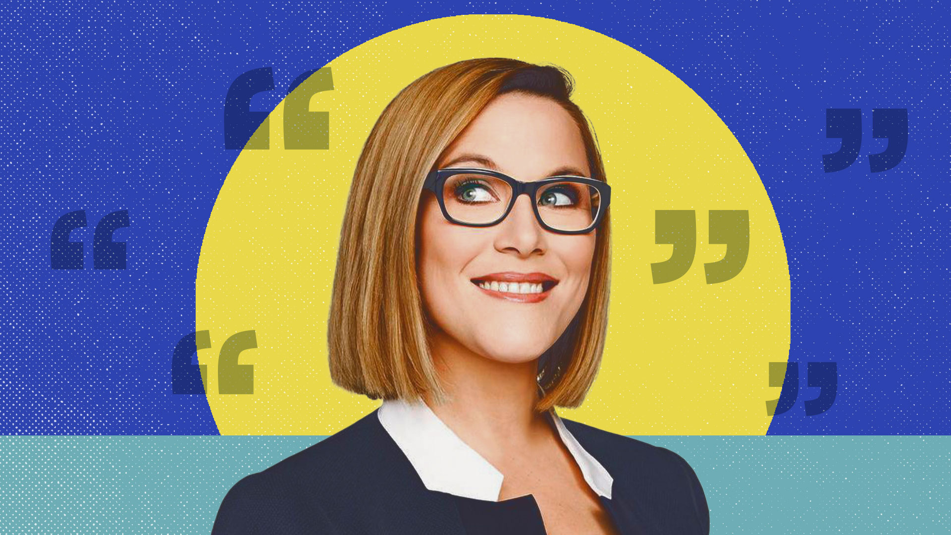 SE Cupp with a blue, yellow and green colored background and quotation marks floating around her