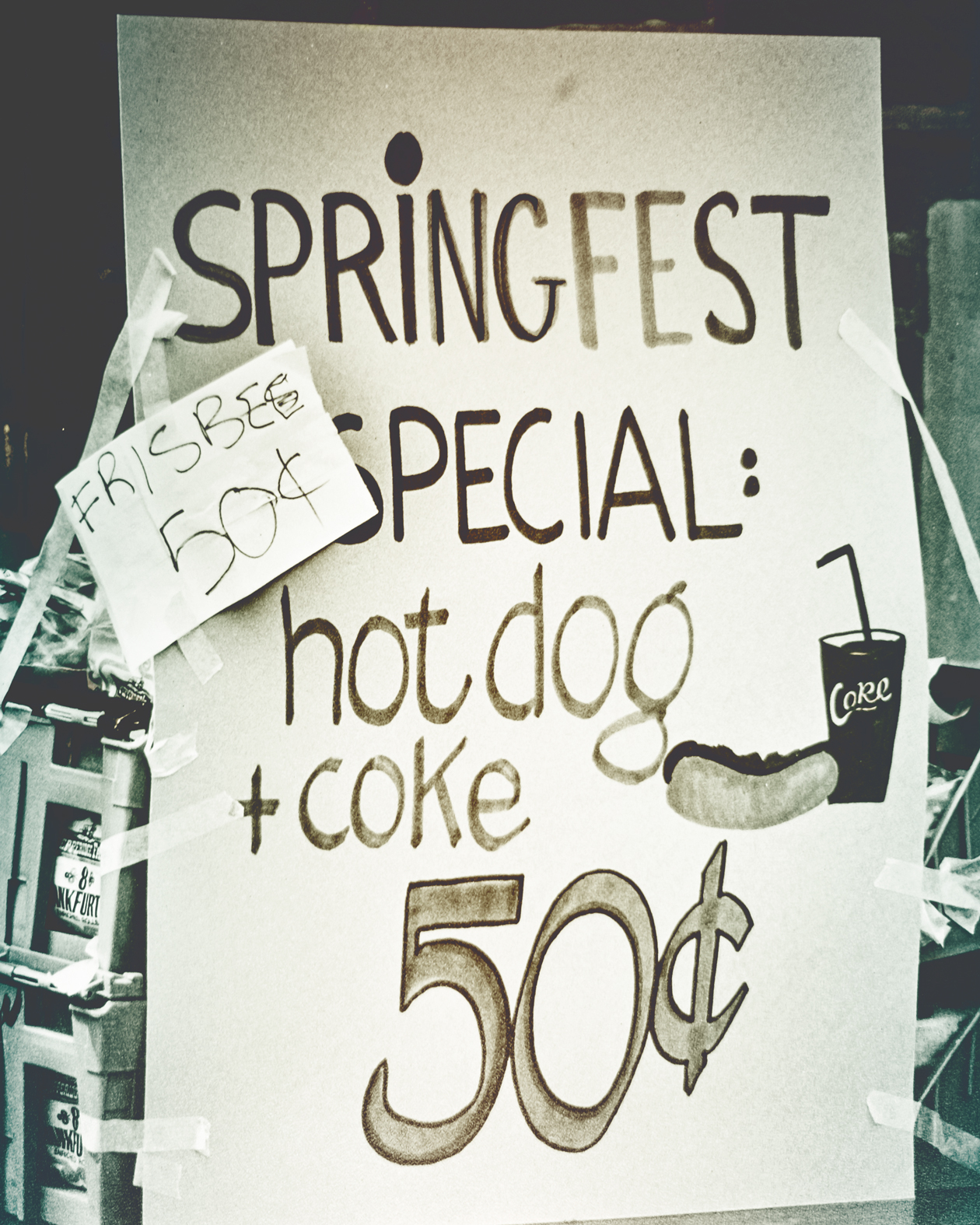 Hot dog and Coke special sign, SpringFest, late 1970s
