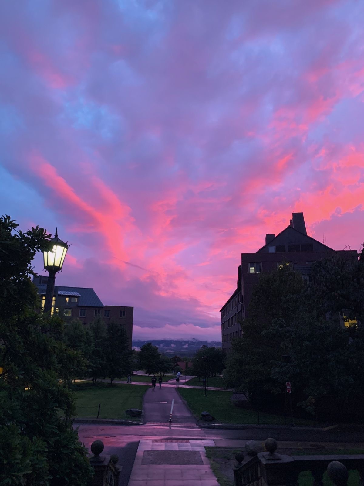A cloudy gray and pink sunset at Cornell University.