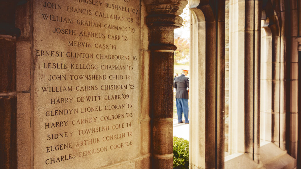 detail of names on the War Memorial on West Campus