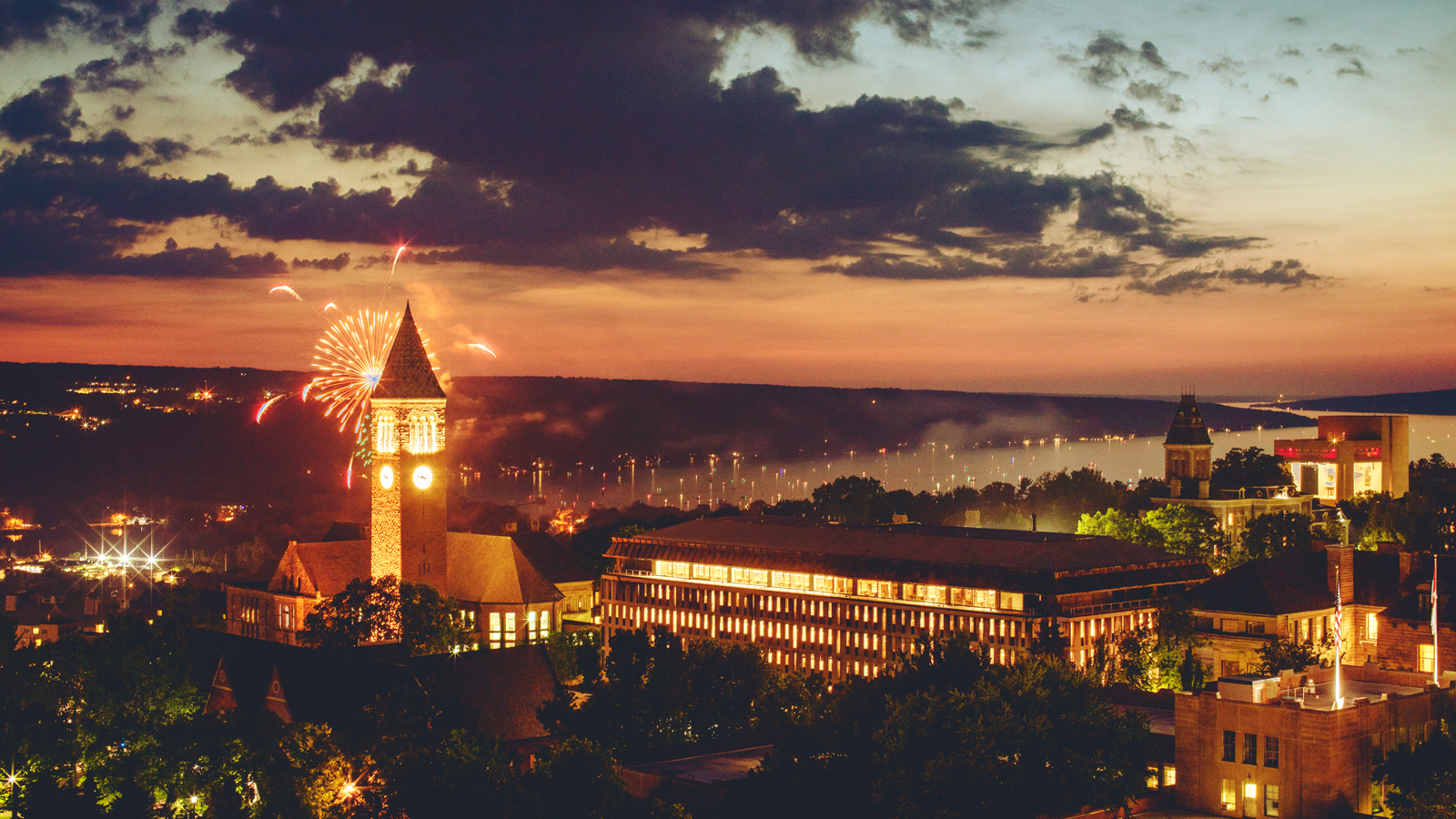 View of McGraw Tower and July 4 fireworks from top of Statler Hotel