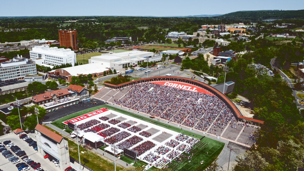 An aerial view of the Commencement ceremony from above Schoellkopf field.