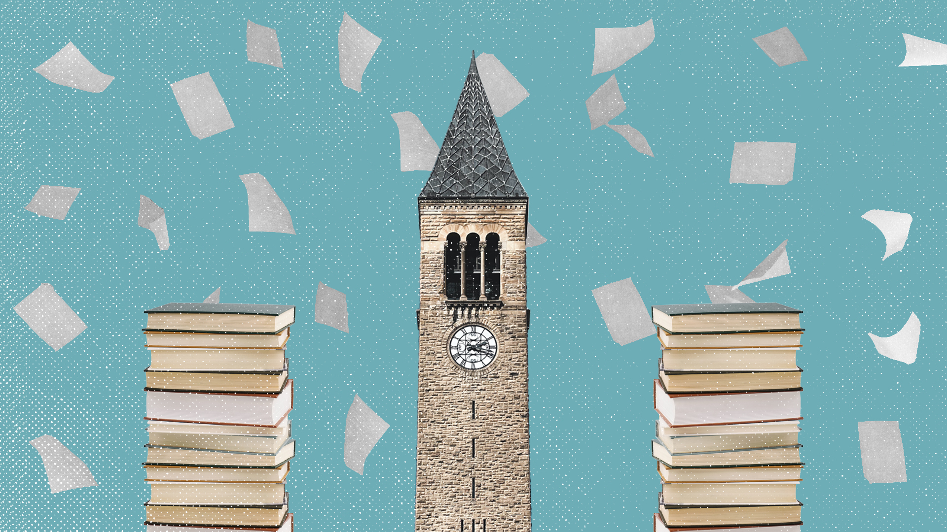 An illustration of two stacks of books with the Cornell clocktower in the middle, and pages in the air