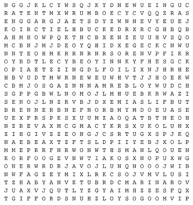The grid of a word search puzzle
